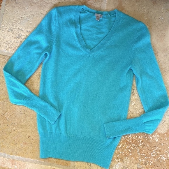 HALOGEN 100% Cashmere V Neck Sweater Womens S Turquoise Soft Cozy Luxury Preppy - Picture 1 of 6